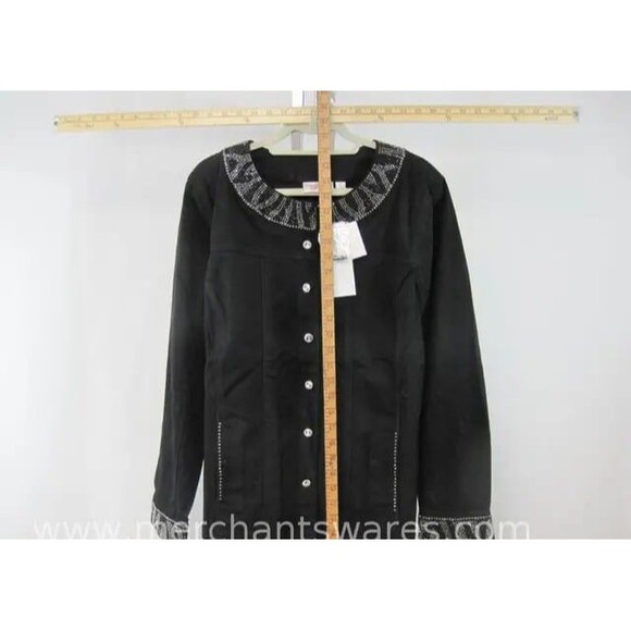 SALE! NWT- SASSY Quacker Factory Black Denim Jacket, Rhinestone Embellishment XL - Picture 3 of 10